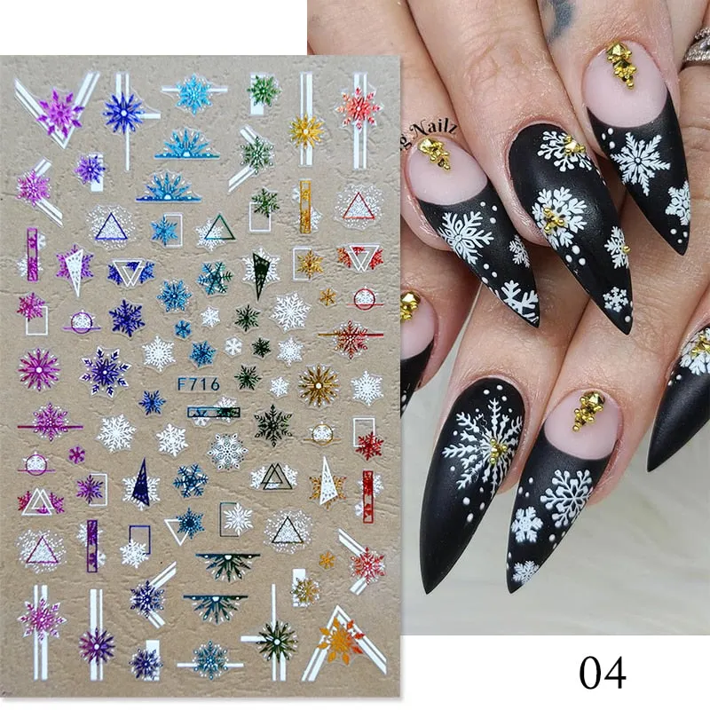 3D Christmas Nail Art Decoration Stickers Sparkly Gold White Colorful  Glitter Geometry Snowflake Winter Slider Nail Foils-Nail Inspo