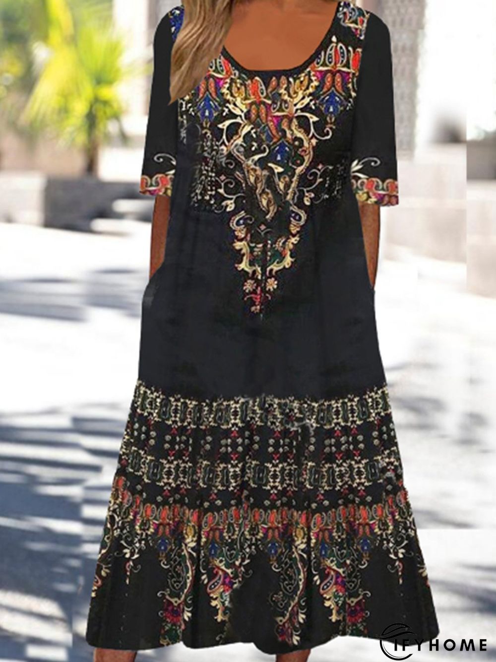 Women Casual Ethnic Autumn Natural Daily Long Best Sell Half sleeve T-Shirt Dress Dress | IFYHOME