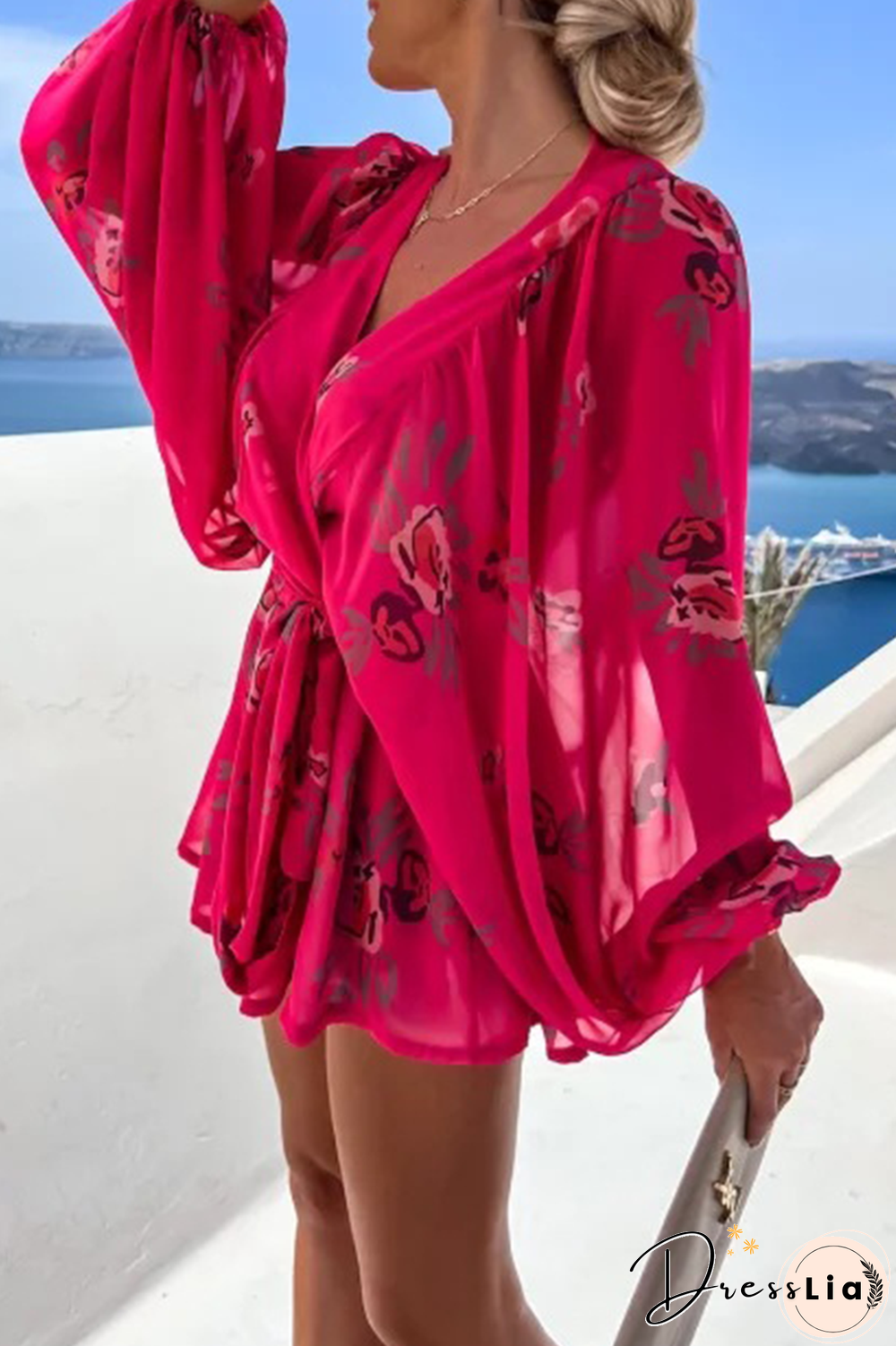 Street Print Split Joint V Neck Cake Skirt Dresses(4 Colors)
