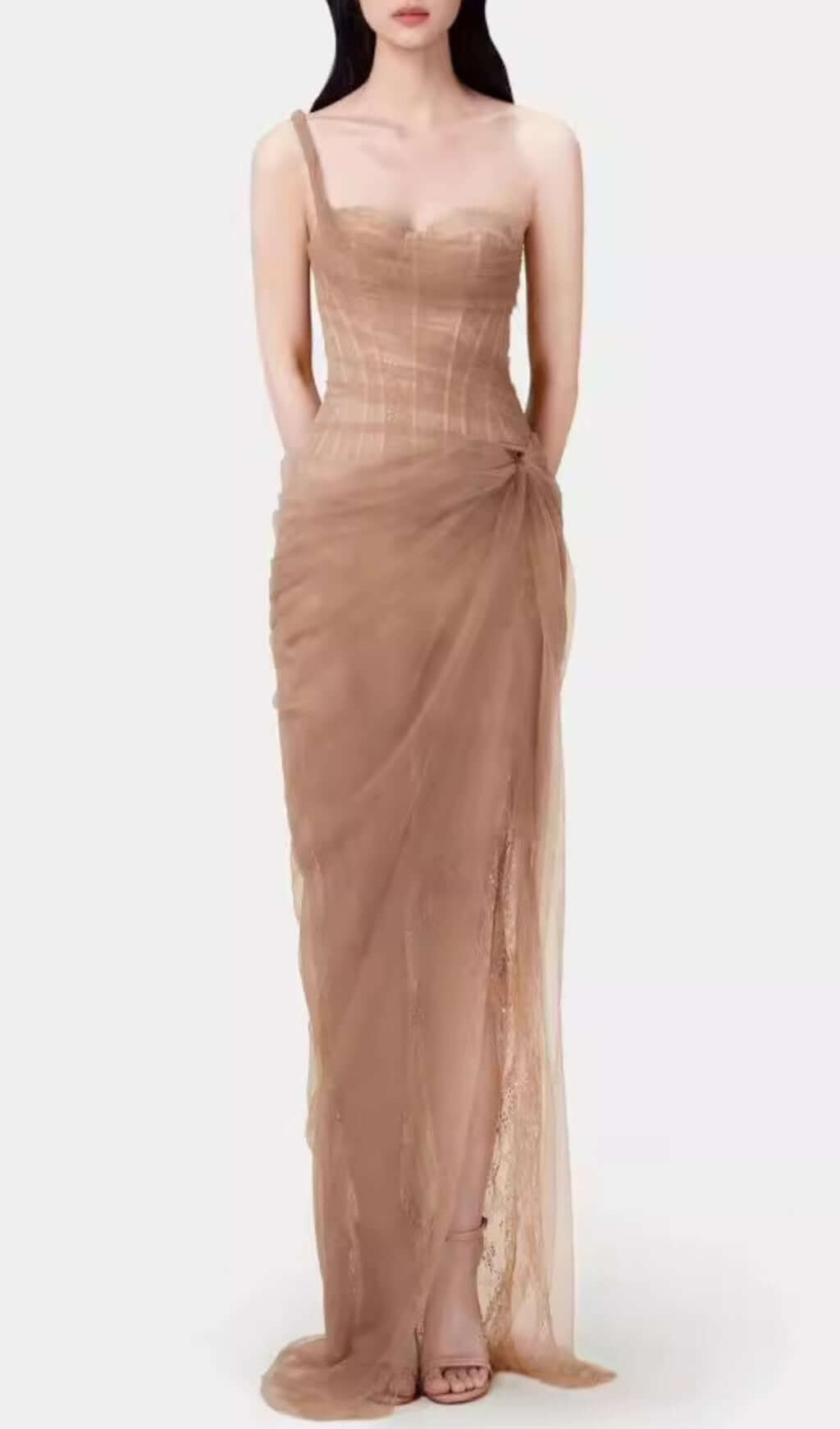 Fashionslee WomenAnandi Brown Mesh Corset Maxi Dress