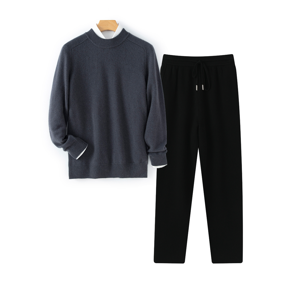 Men's Crew-Neck Cashmere Sweater and Pants Set | Casual Outfit REAL SILK LIFE