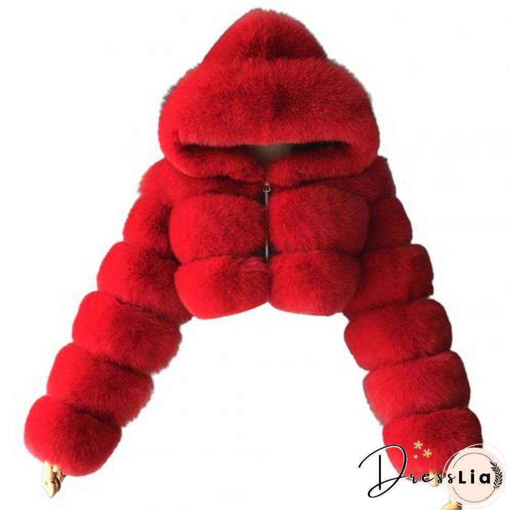 Plus size Women Jacket Fashion Autumn Winter Faux Fur Cropped Coat Fluffy Zip Hooded Warm Short Jacket