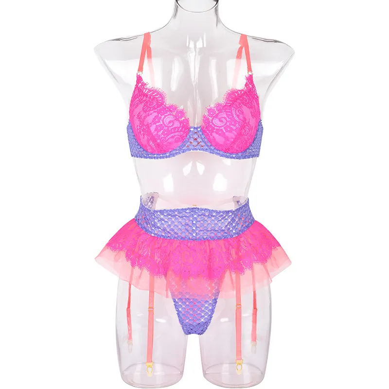 Billionm Sexy Lingerie Women Intimates Lace Underwear Set Push Up Bra Fish Net Nightwear Mesh Sheer See Through Sets Patchwork Color