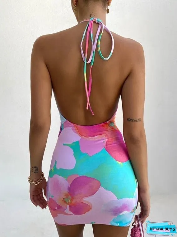 Dyed printed halterneck backless slim dress
