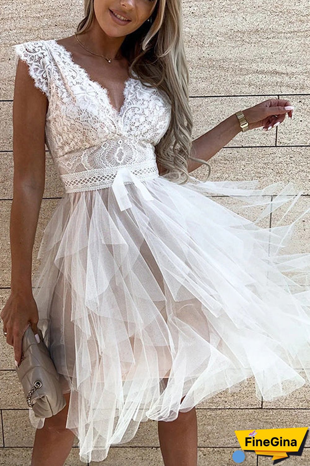 Lace Mesh V Neck Tank Cake Dress