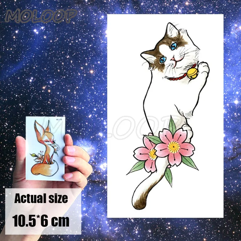 Tattoo Sticker Little Half Face Cat Element Small Animal Flower Water Transfer Temporary Fake Body Art Tatoo for Kid Girl Boy