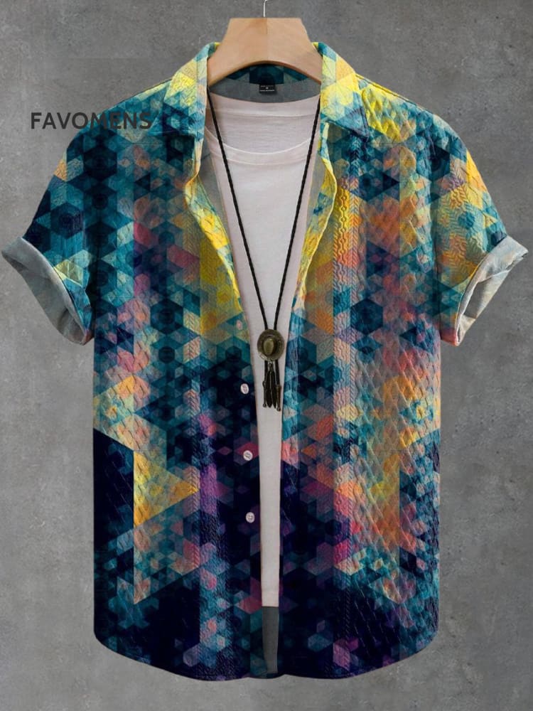 Vintage Geometry Crystal Gradient Art Print Casual Jacquard Shirt Multicolor / S