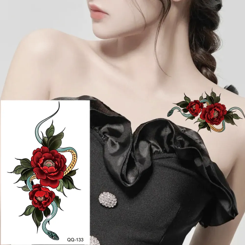 Sdrawing Temporary Tattoo Stickers Butterfly Snake Rose Flower Gun Dark Flash Small Women Body Art Wrist Neck Fake Tattoos Men