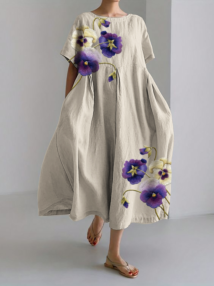 Classy Pansy Flowers Embroidered Linen Blend Maxi Dress elevenforest