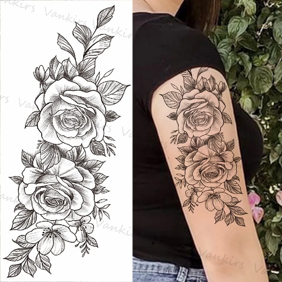 Sdrawing Lion Crown Temporary Tattoos For Women Men Wolf Compass Tiger Mountain Flower Fake Tattoo Sticker Arm Body Tatoos