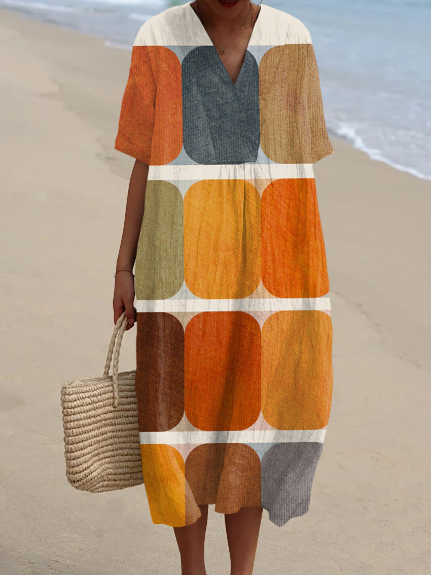 Retro Color Block Minimalist Art V Neck Midi Dress