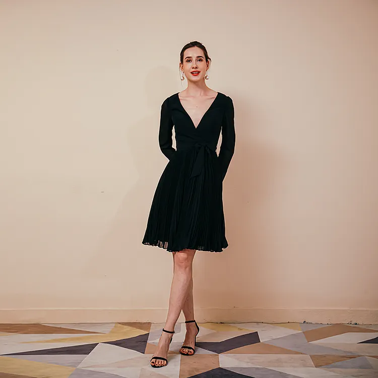 Women Long Sleeve Prom Dress Deep V Neck Chiffon Black Maxi Casual Dresses