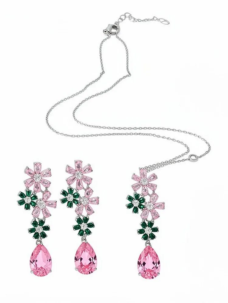 Women's Jewelry Set Zirconia Flower Earrings and Necklace