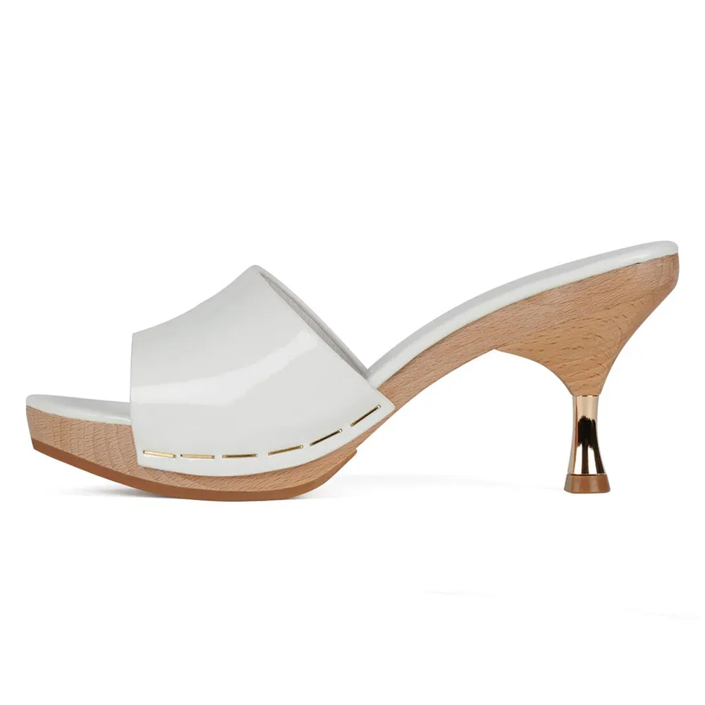 White Open Round Toe Sandals Spool Heel Simple Platform Mules