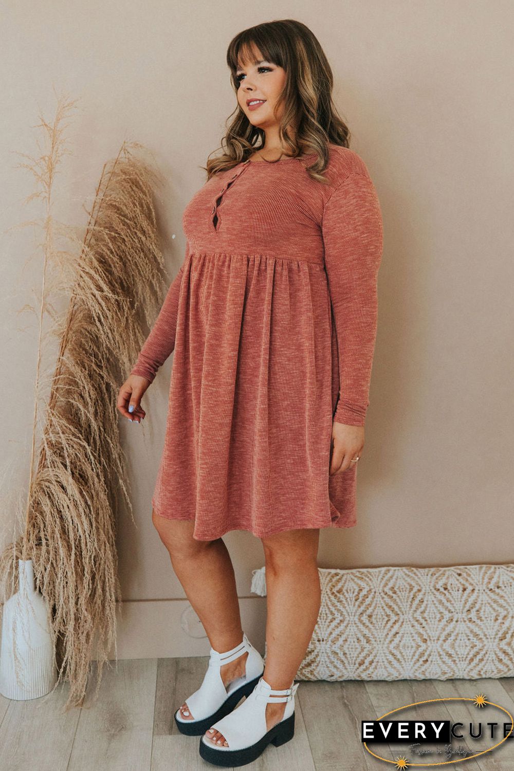 Plus Size Mineral Washed Ribbed Henley Dress