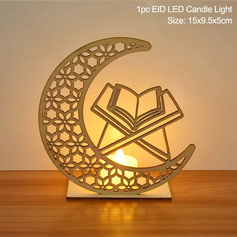 LED Eid Mubarak Wooden DIY Craft Ornament Pendant Islam Muslim Party Home Decoration Al Adha Ramadan Kareem Event Party Supplies