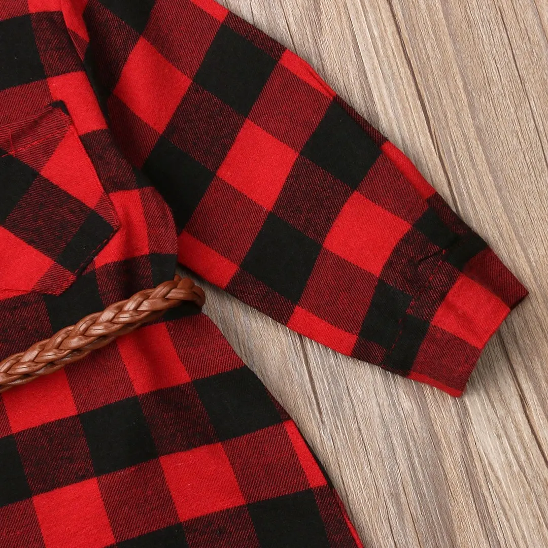 2019 Brand New Christmas Infant Kid Baby Girl Long Shirt Dress Tops Long Sleeve Red Plaid Straight Knee-Length Dress +Belt 0-5Y