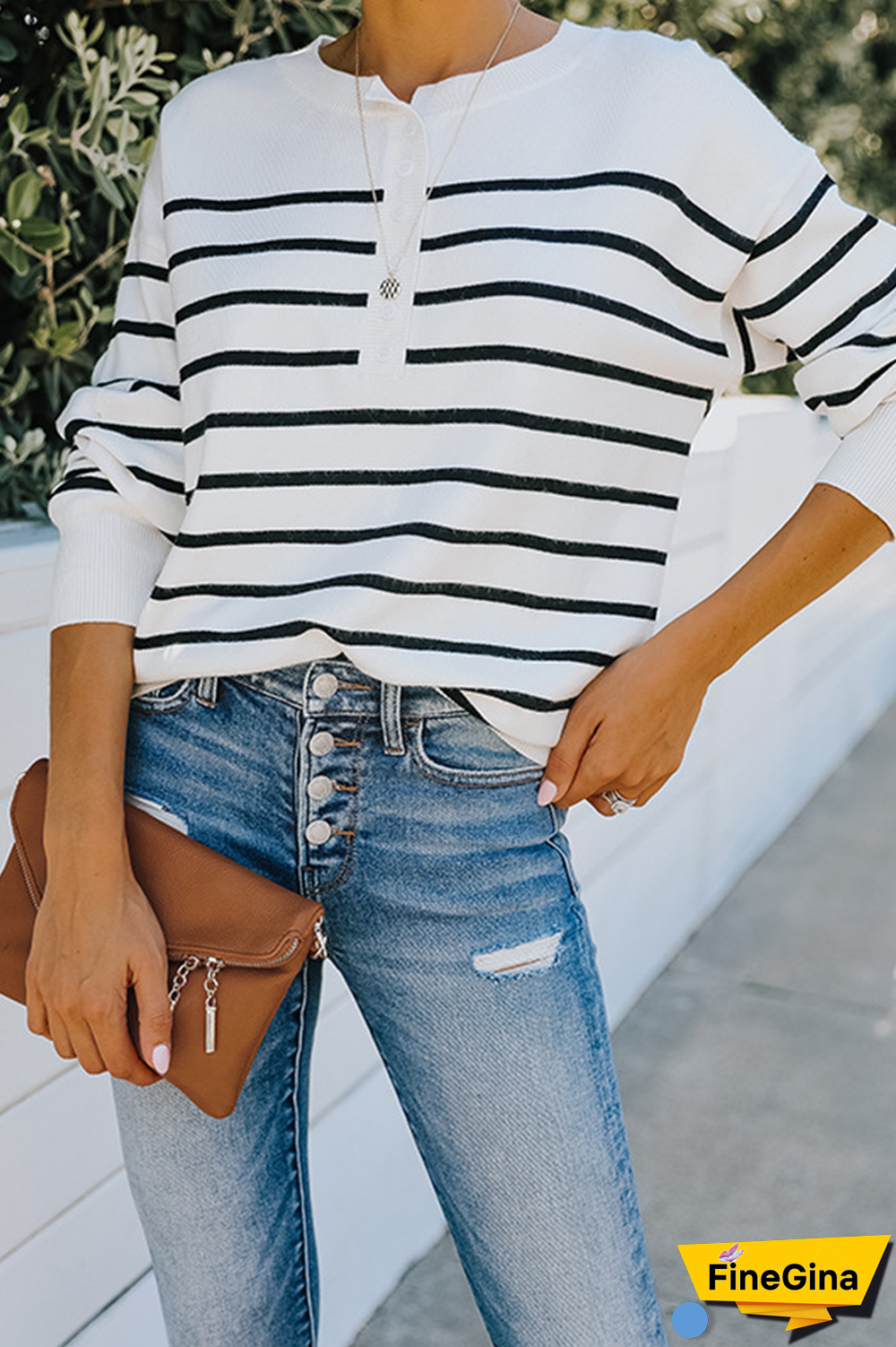 Street Striped Buckle O Neck Tops