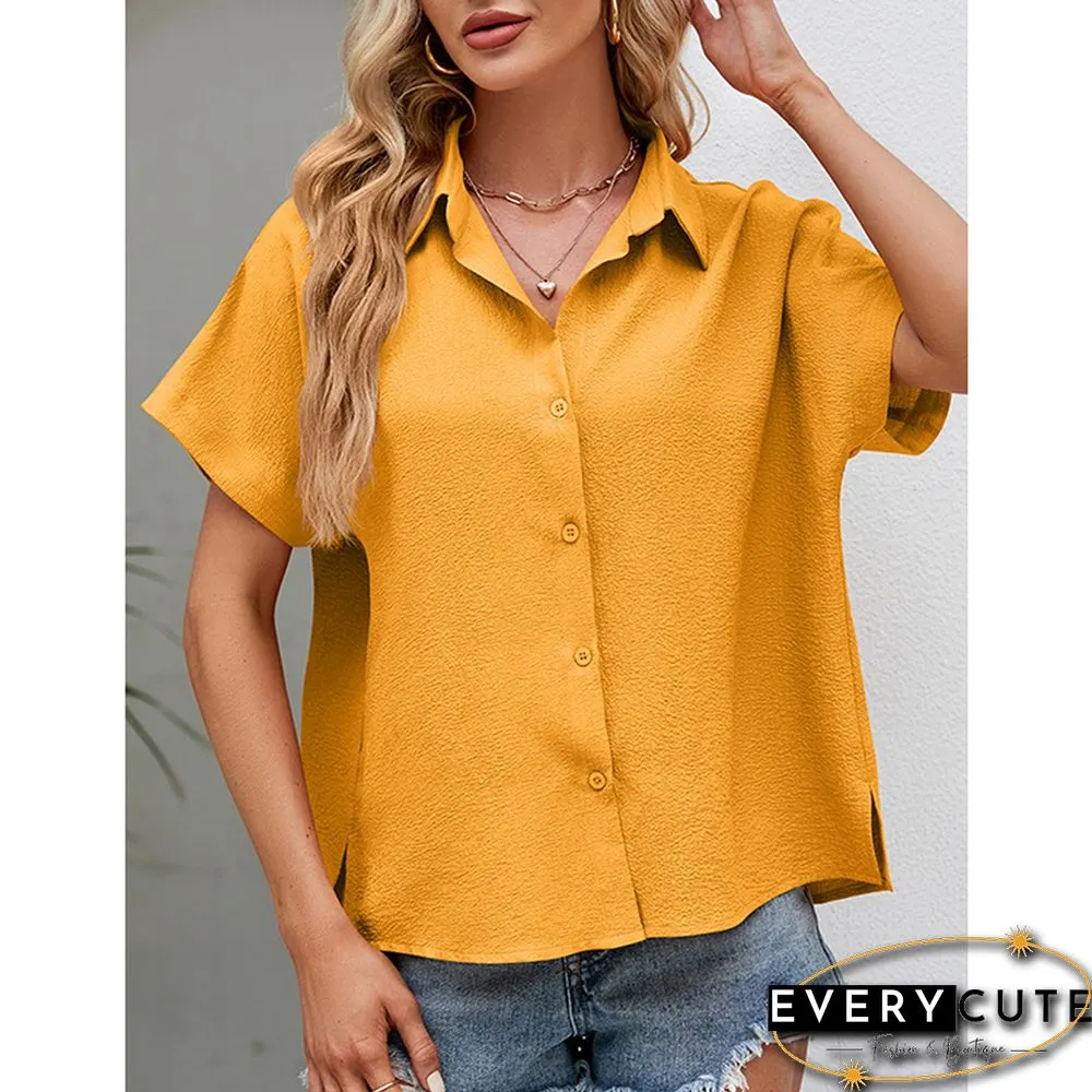 Yellow Button Lapel V Neck Short Sleeve Shirt