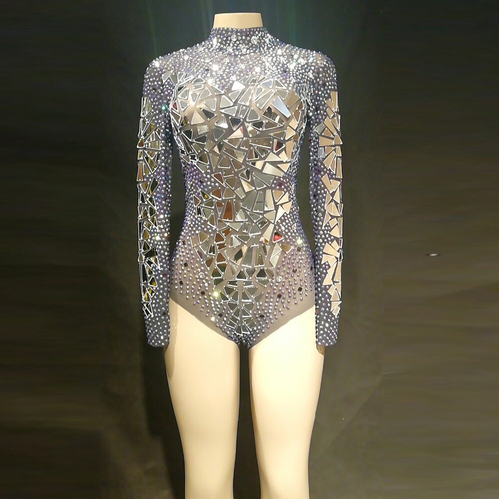 GOOSHOE Gold Rhinestones Mirrors Bodysuit Women's Outfit For Party