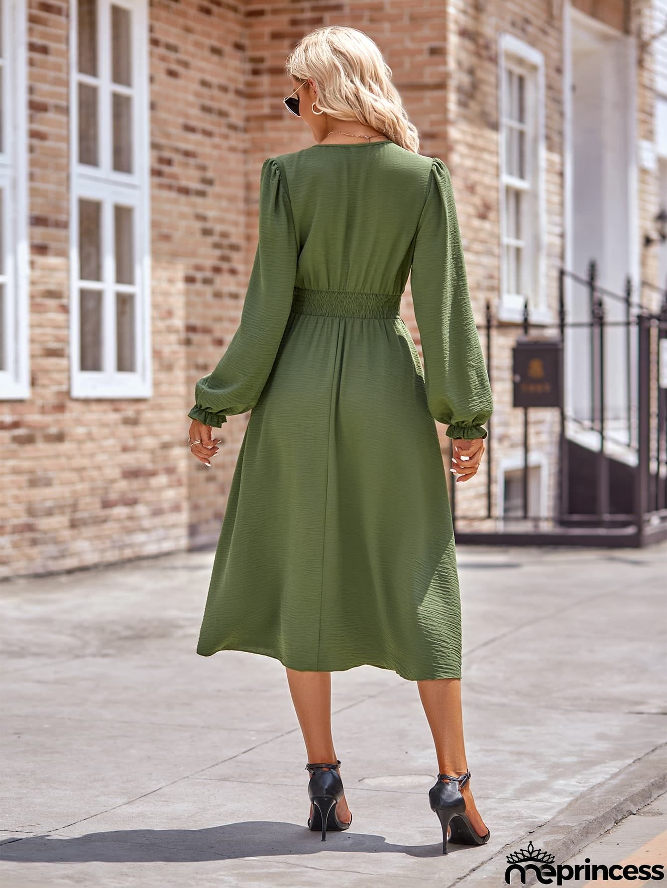 Buttoned V-Neck Flounce Sleeve Midi Dress