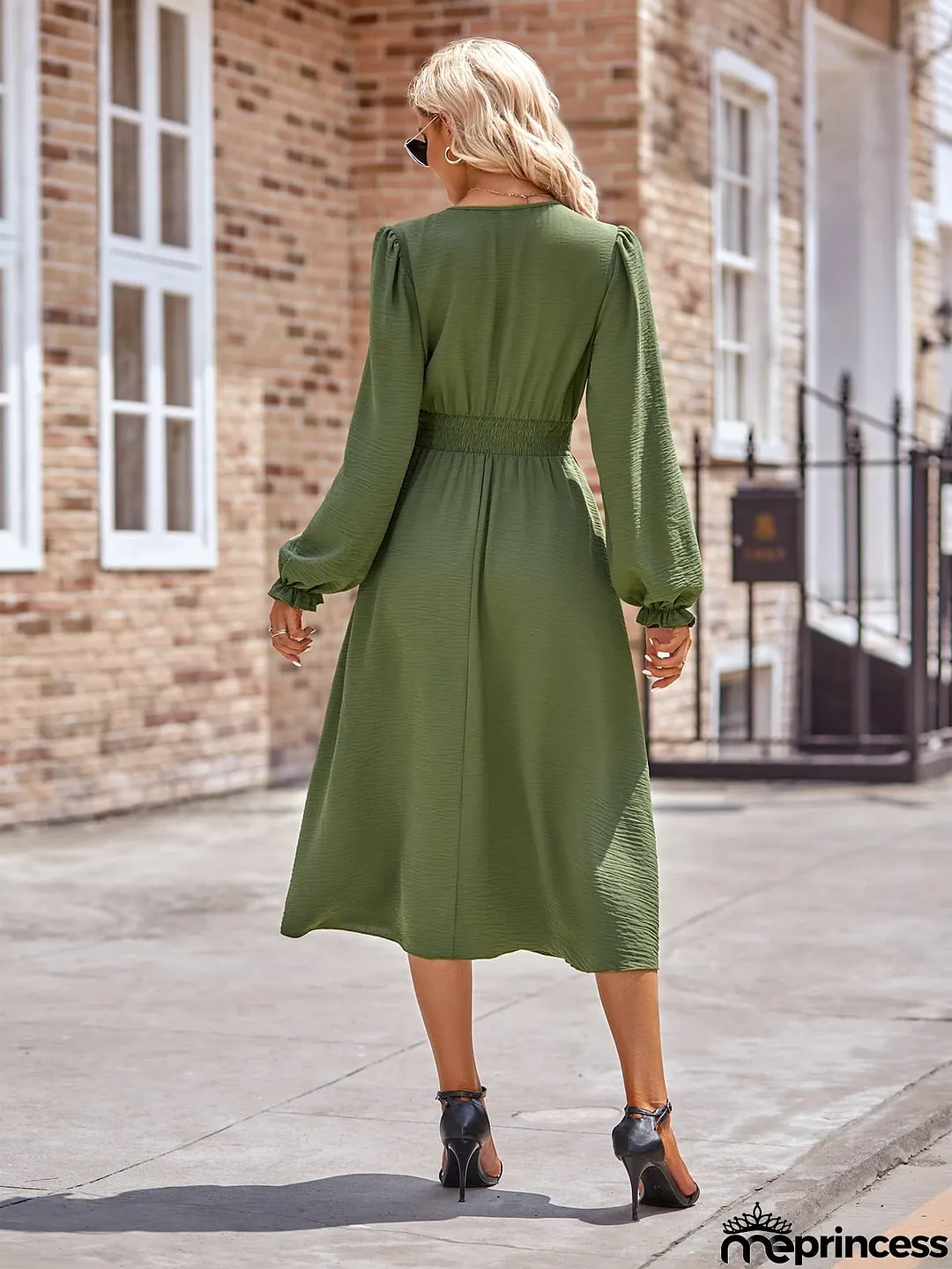 Buttoned V-Neck Flounce Sleeve Midi Dress