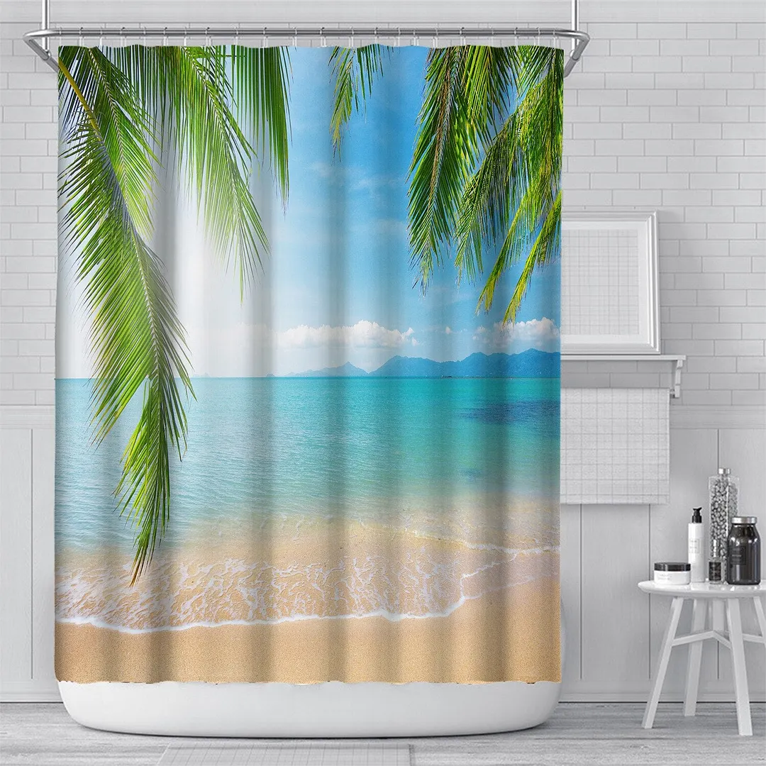 3D Seascape Beach Printed Fabric Shower Curtains Bathroom Curtain Bath Screen Waterproof Products Home Decor with Hooks