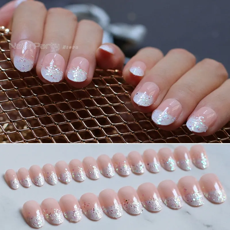 Pink nude oval fake nails french glitter false nails AB Diamond flash Cute girl Medium lovely-Nail Inspo