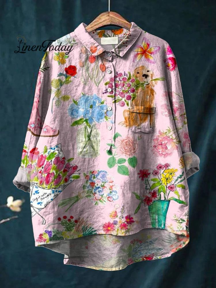 Vintage Lovely Floral Dog Art Print Casual Cotton And Linen Shirt Multicolor / S
