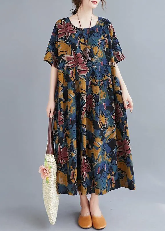 Beautiful Plant printing o neck Cinched Dresses summer Dress