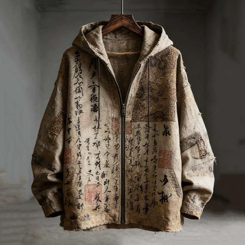 Men's Retro Calligraphy Japanese Art Patchwork Print Hooded Zip Up Jacket  artssus