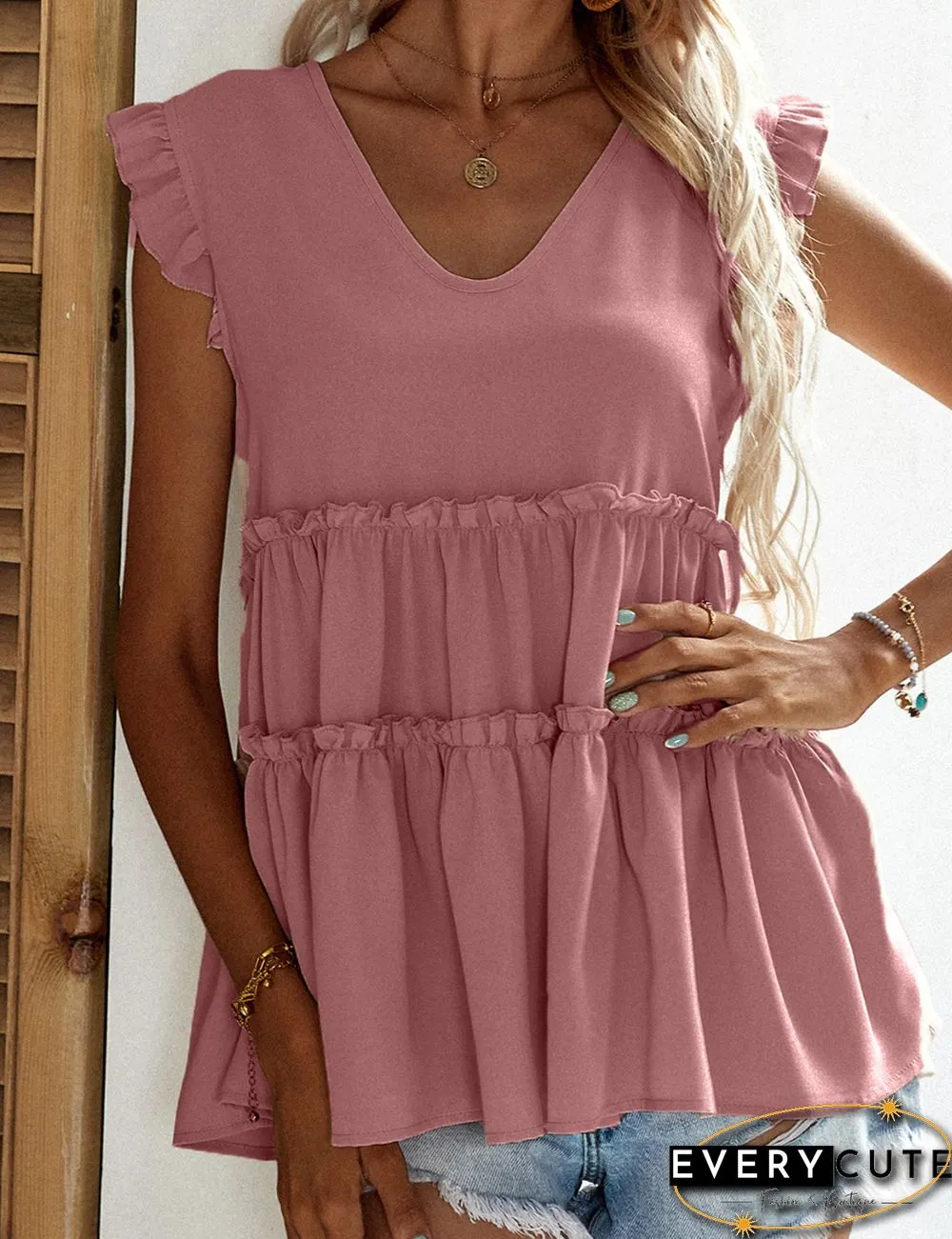Pink V Neck Ruffles Sleeveless Tank Top