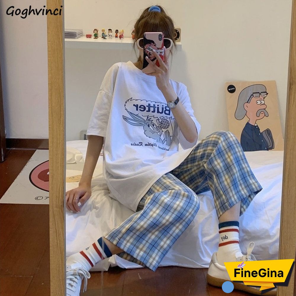 Women Sets Short Sleeve Printed Simple T-Shirts Plaid Straight Elastic Waist Pants Casual Loose Chic Korean Style Daily New 2Xl