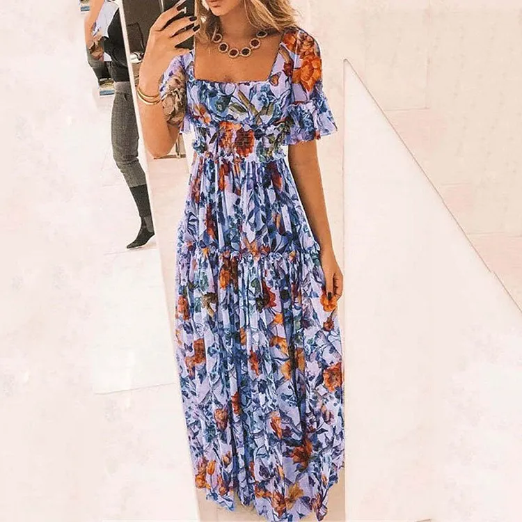 Square Neck Short Sleeve Bohemian Waist Dress