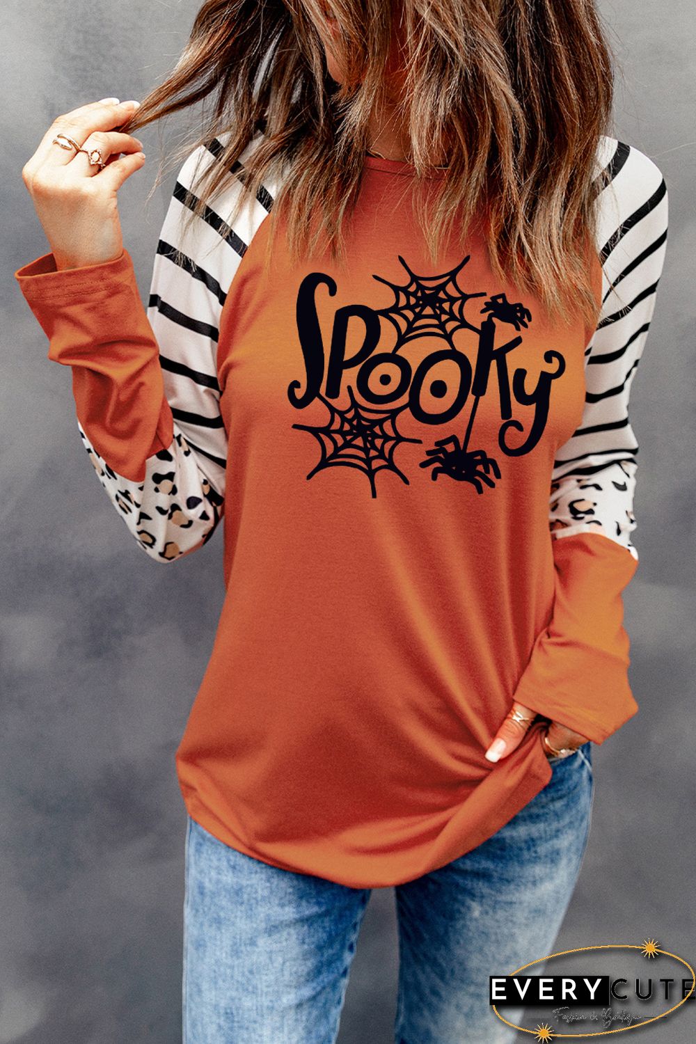 Orange Spooky Spider Web Striped Leopard Color Block Top