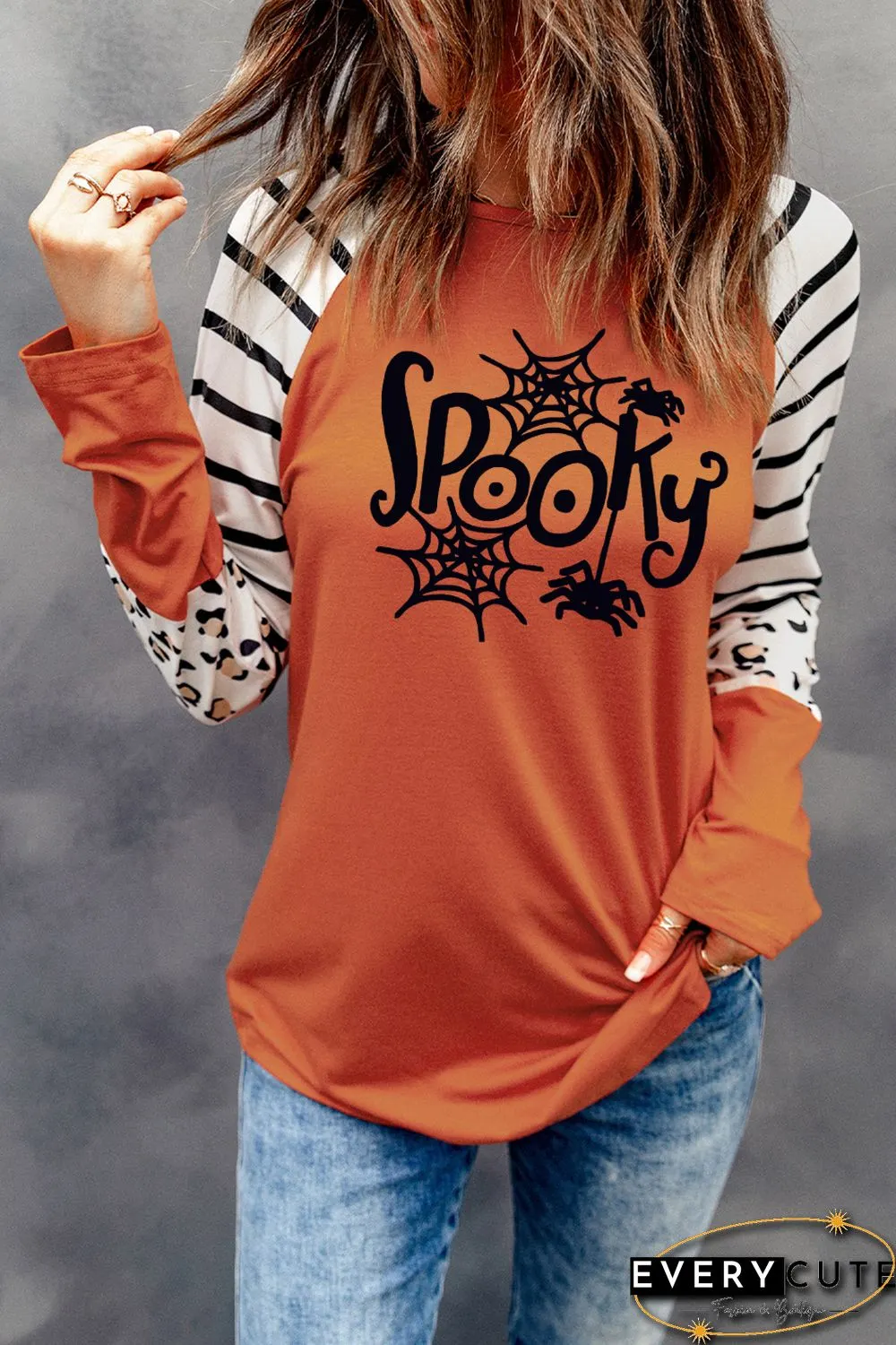 Orange Spooky Spider Web Striped Leopard Color Block Top