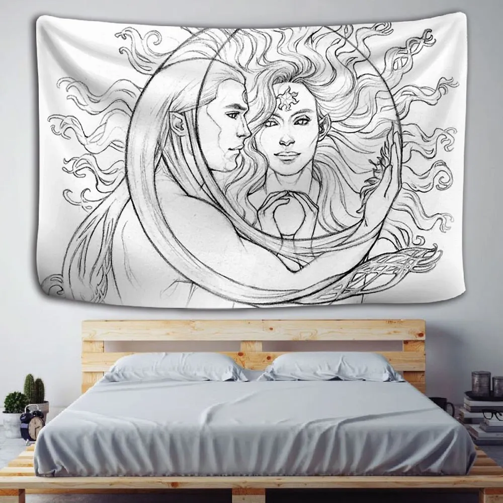 White Black Sun Moon Mandala Tapestry Wall Hanging Celestial Hippie Carpets Dorm Decor Psychedelic Witchcraft Halloween