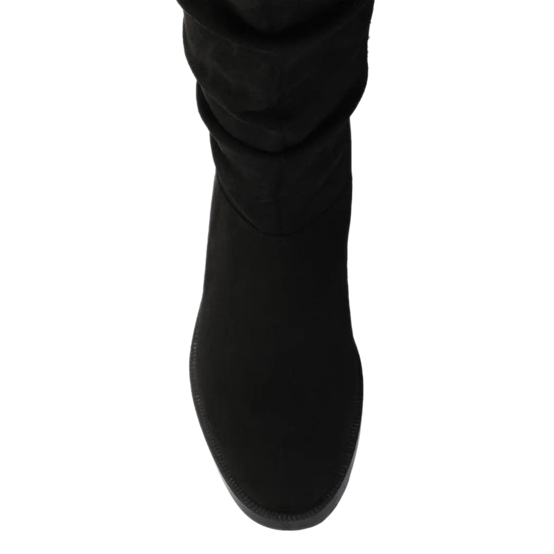Faux Suede Lace-Up Black Black Knee-High Boots with Side-Zip