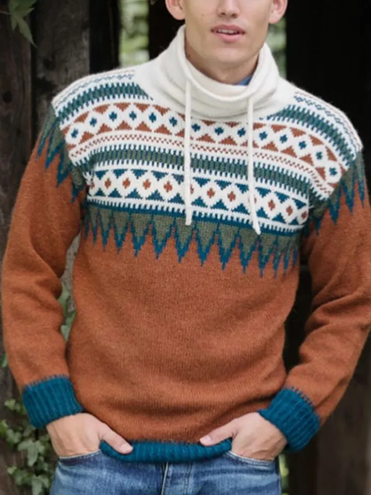 Retro Coffee Geometric Knit Hooded Sweater