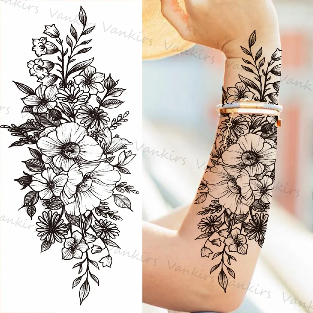 Sdrawing Skeleton Snake Flower Temporary Tattoos For Women Girls Realistic Snake Wolf Tribal Fake Tattoo Sticker Arm Waist Tatoo 3D