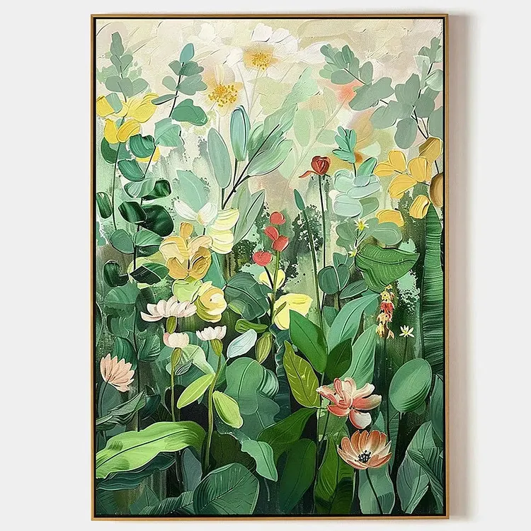 BOTANICAL GARDEN: Vertical Green and Yellow Floral Painting for Living Room（Canvas painting）