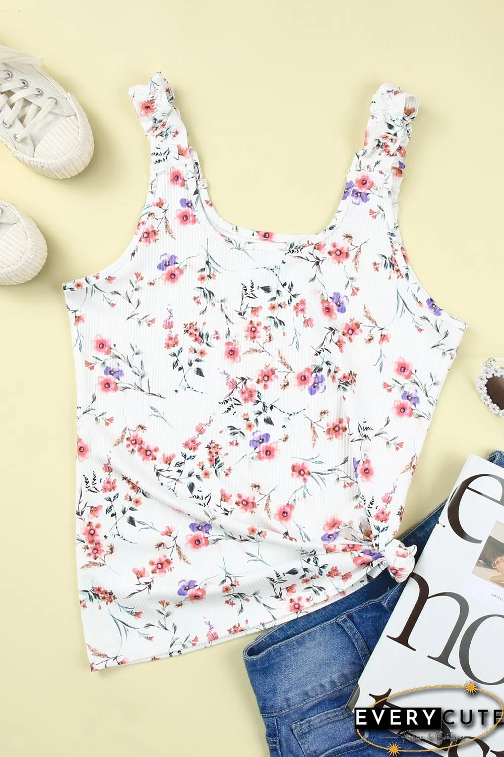 White Ruffle Straps Floral Rib Knit Tank Top