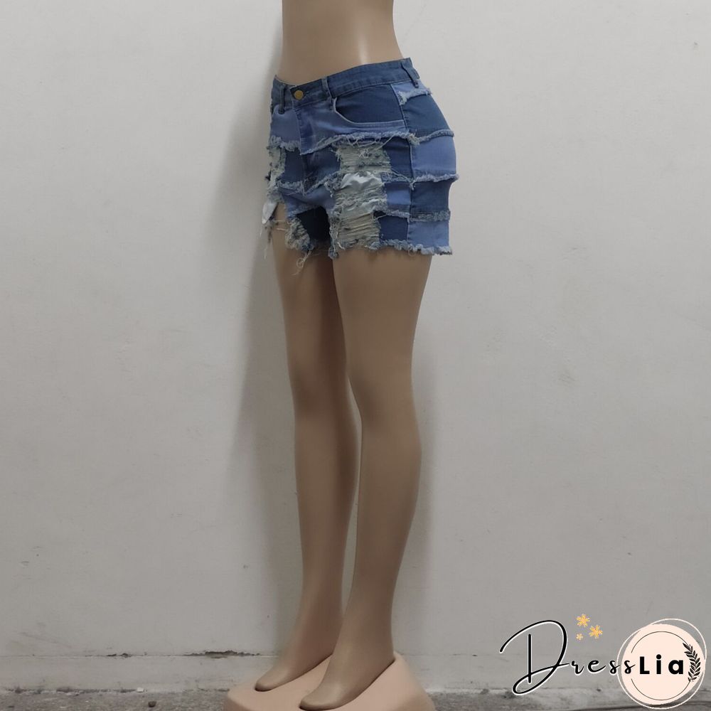 Summer Sexy Patchwork Women Ripped High Waist Holes Stretch Streetwear Plus Size Denim Shorts