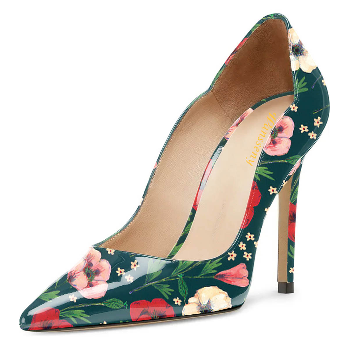 Green Patent Leather Pointed Toe Stiletto Heel Pumps Shoes with Flower Nicepairs