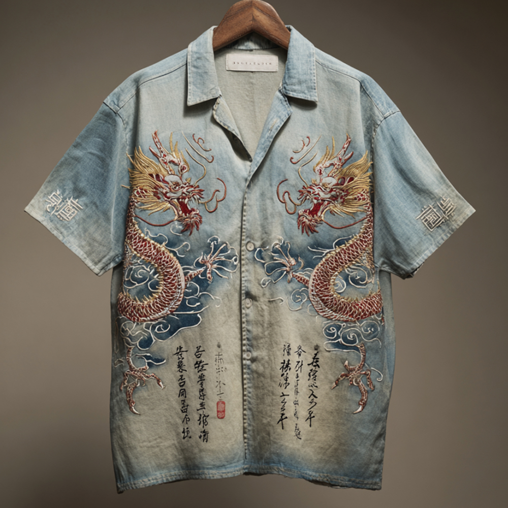 Japanese-style Dragon Totem And Calligraphy Washed Blue Short Sleeve Shirt elevenforest