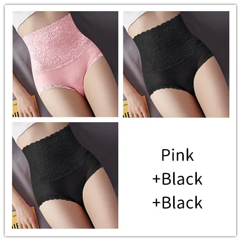 Women Lace Panties High Fit Cotton Panties High Waist Underwear Body Shaping Sexy Lingerie Slimming Tummy Control Pants 3Pcs