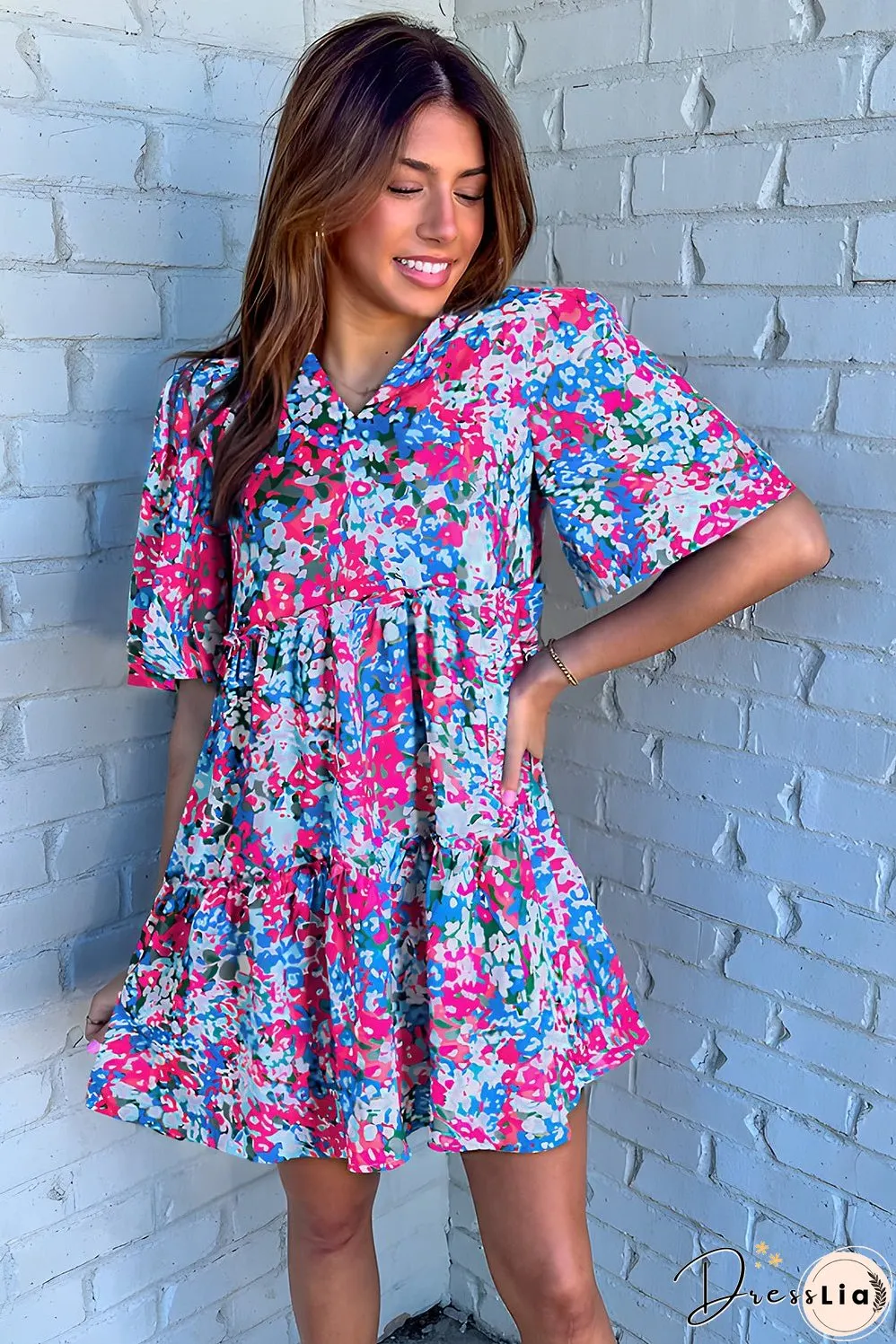 Multicolour Floral Short Sleeve V Neck Tiered Mini Dress