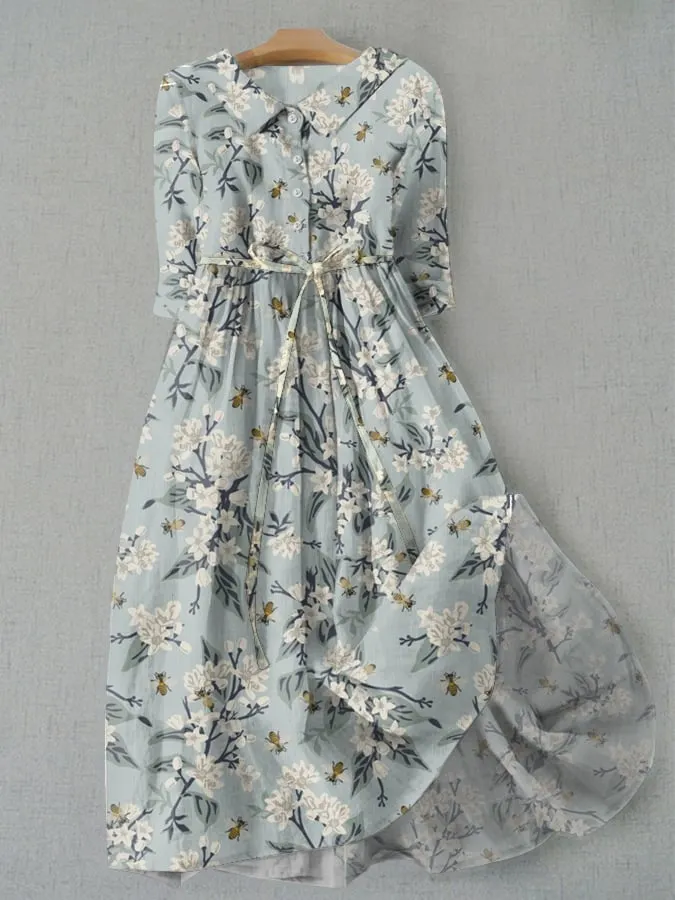 Women's Vintage Floral Print Lapel Waist Tie-Up Dress