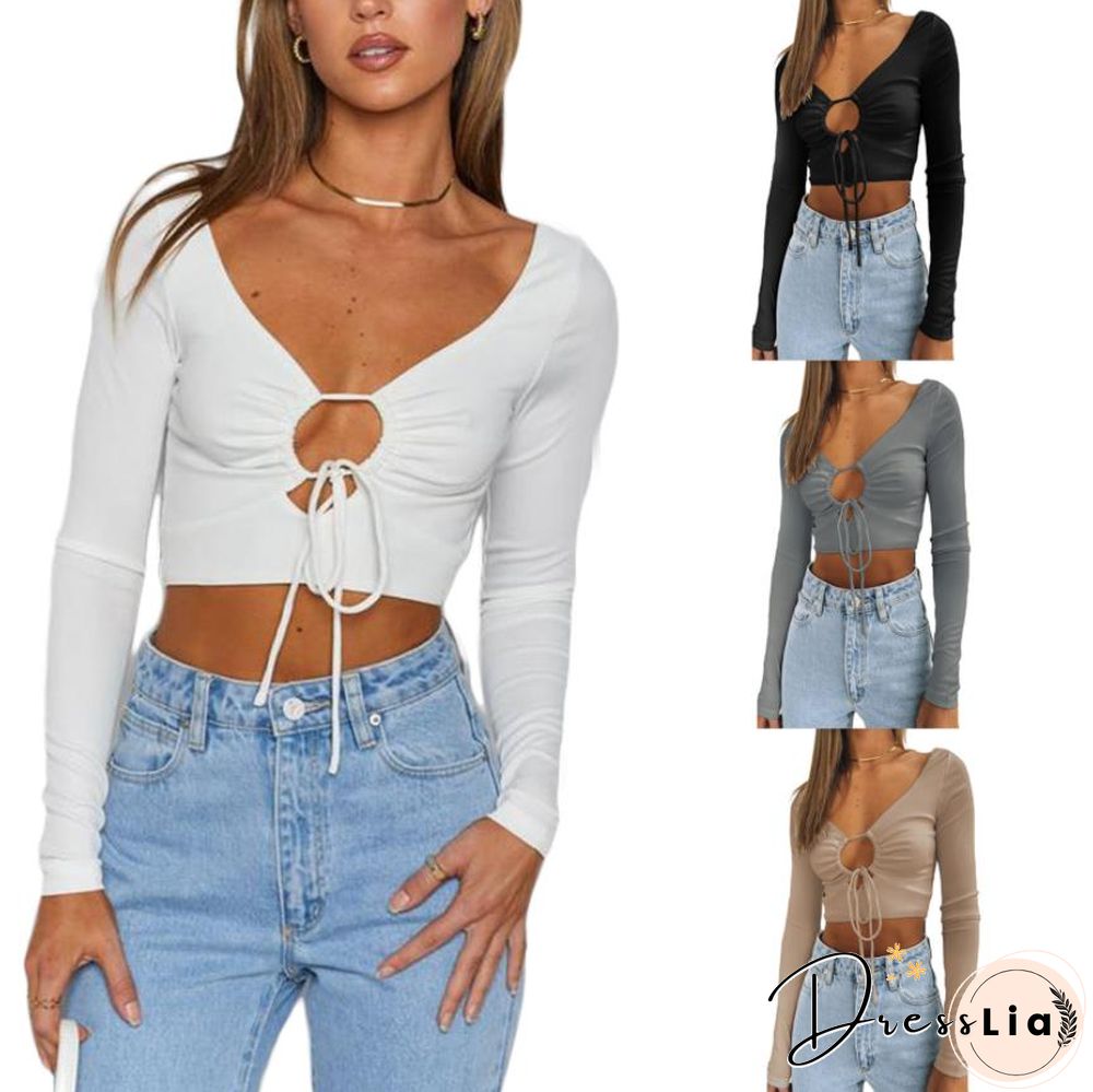 Women Solid Color Pullover Deep V-neck Long Sleeve Backless Crop Tops S M L XL