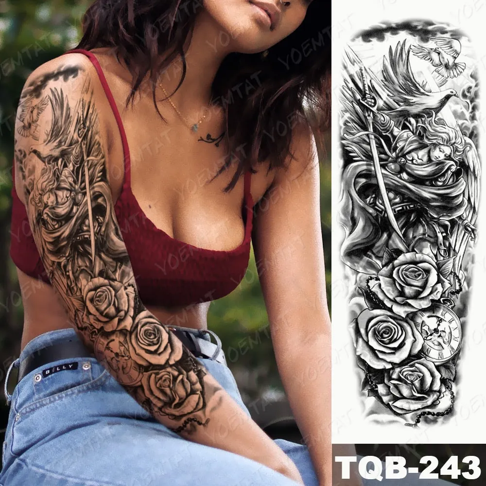 Large Arm Sleeve Tattoo Bird Crow Forest Moon Waterproof Temporary Tatto Sticker Lion Wolf Clock Body Art Full Fake Tatoo Men